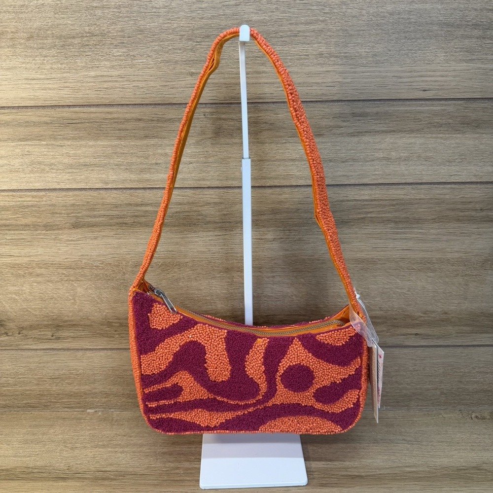 Mirasol Beaded Shoulder Bag Handcrafted In India Pink Orange Zebra Wave NWT